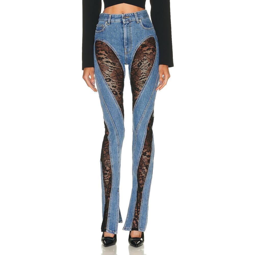 Mugler Paneled Blue Spiral Lace Skinny Denim Jeans Size 36 EU / US S NWT